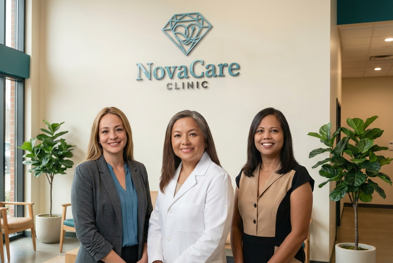 Diverse group of healthcare professionals in modern clinic setting with warm lighting