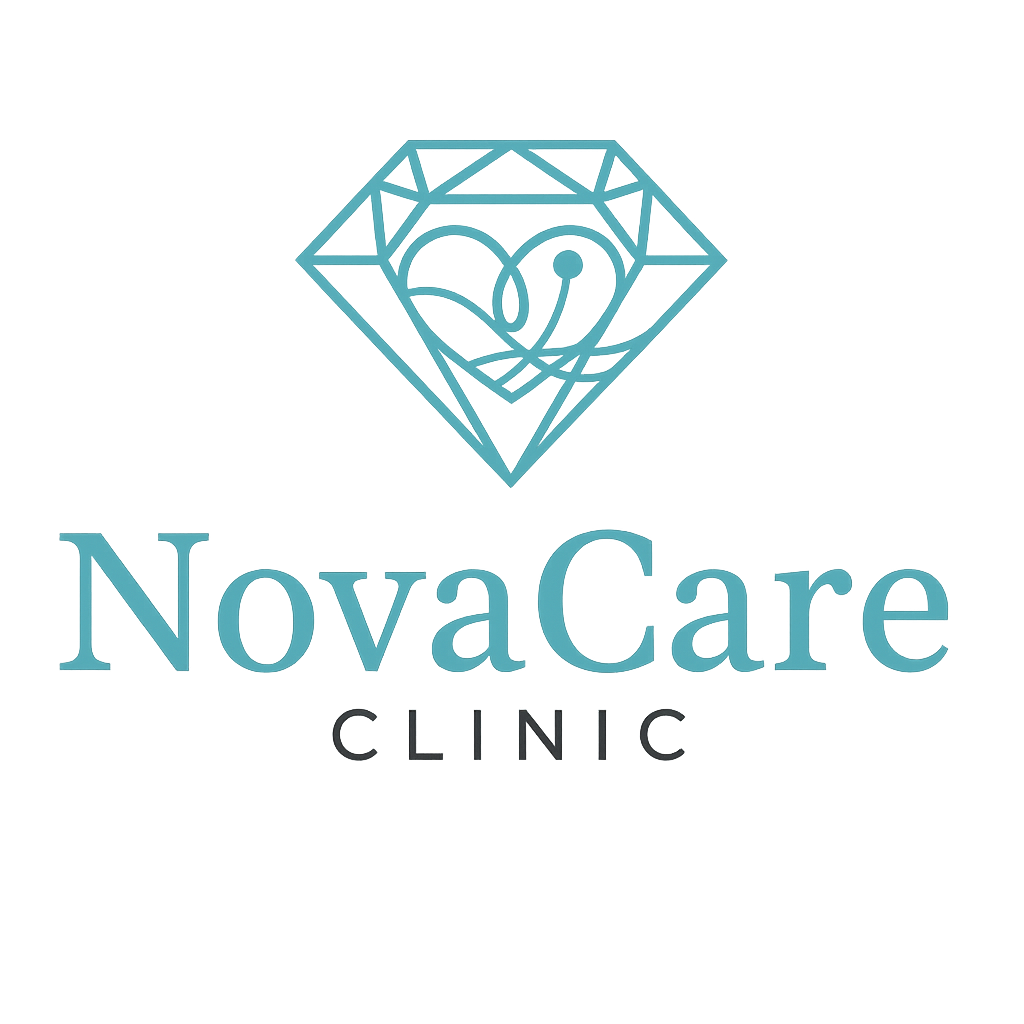 NovaCare Clinic Logo - Diamond shaped teal logo with flowing design representing healthcare and wellness
